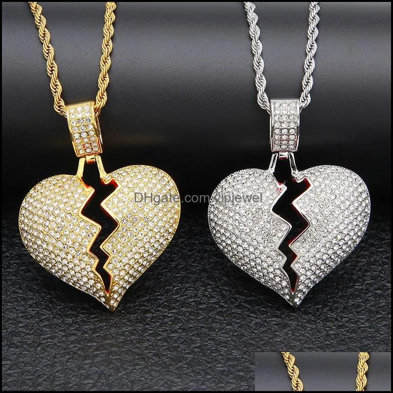 iced out broken love heart pendant necklaces mens bling crystal rhinestone love charm gold silver twisted chain for women hip hop