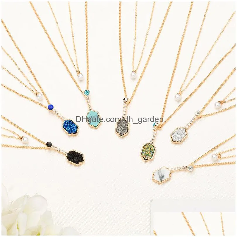  shiny druzy stone layered necklaces geometric natural stone faux pearl pendant gold multilayer chains choker for women fashion