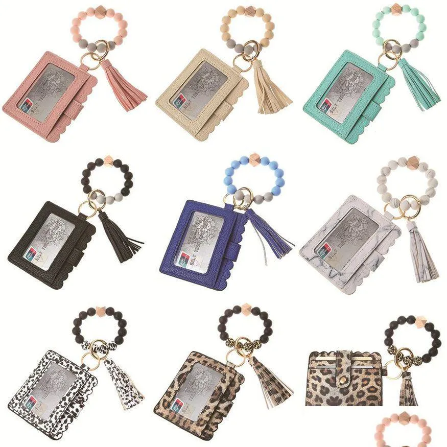 party favor us stock fashion pu leather bracelet wallet keychain party favor tassels bangle key ring holder card bag silicone beaded wristlet