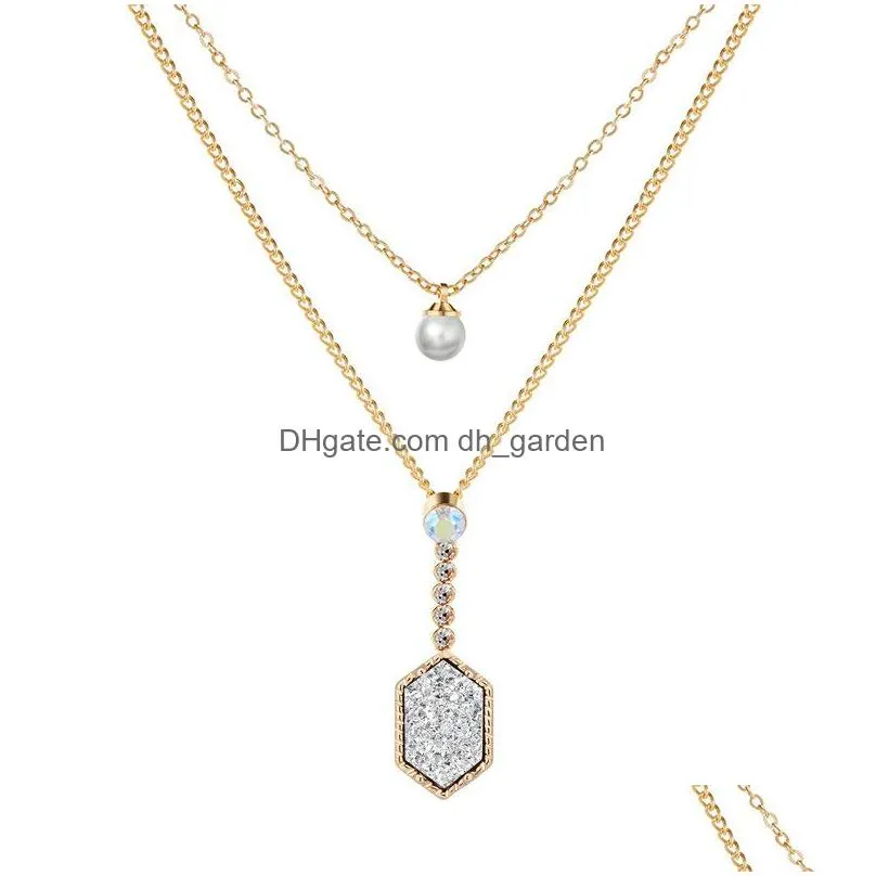  shiny druzy stone layered necklaces geometric natural stone faux pearl pendant gold multilayer chains choker for women fashion