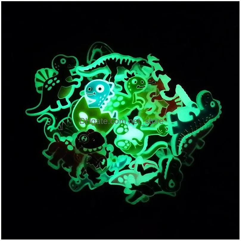 moq 50pcs fluorescent croc jibz charms dinosaur cartoon luminous shoe charm buckles decorations 2d pvc glow in the dark shoe accessories fit children sandals