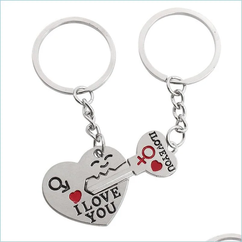 2pcs set alloy heart keychain i love you couple key chain lovers pendant key ring keychains for girls and boys 