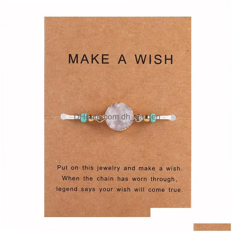 fashion druzy resin stone bracelet with make a wish gift card braided string rope beads bangle for women men handmade jewelry