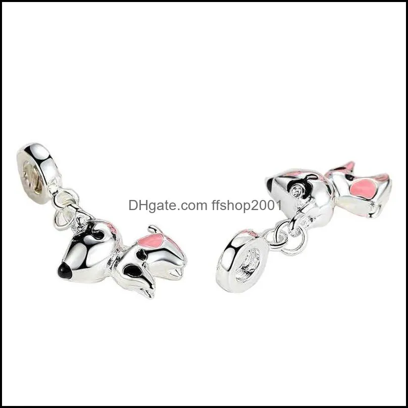 fits pandora bracelets 20pcs pink enamel cute dog silver charms beads silver charms bead for women diy european necklace jewelry c3