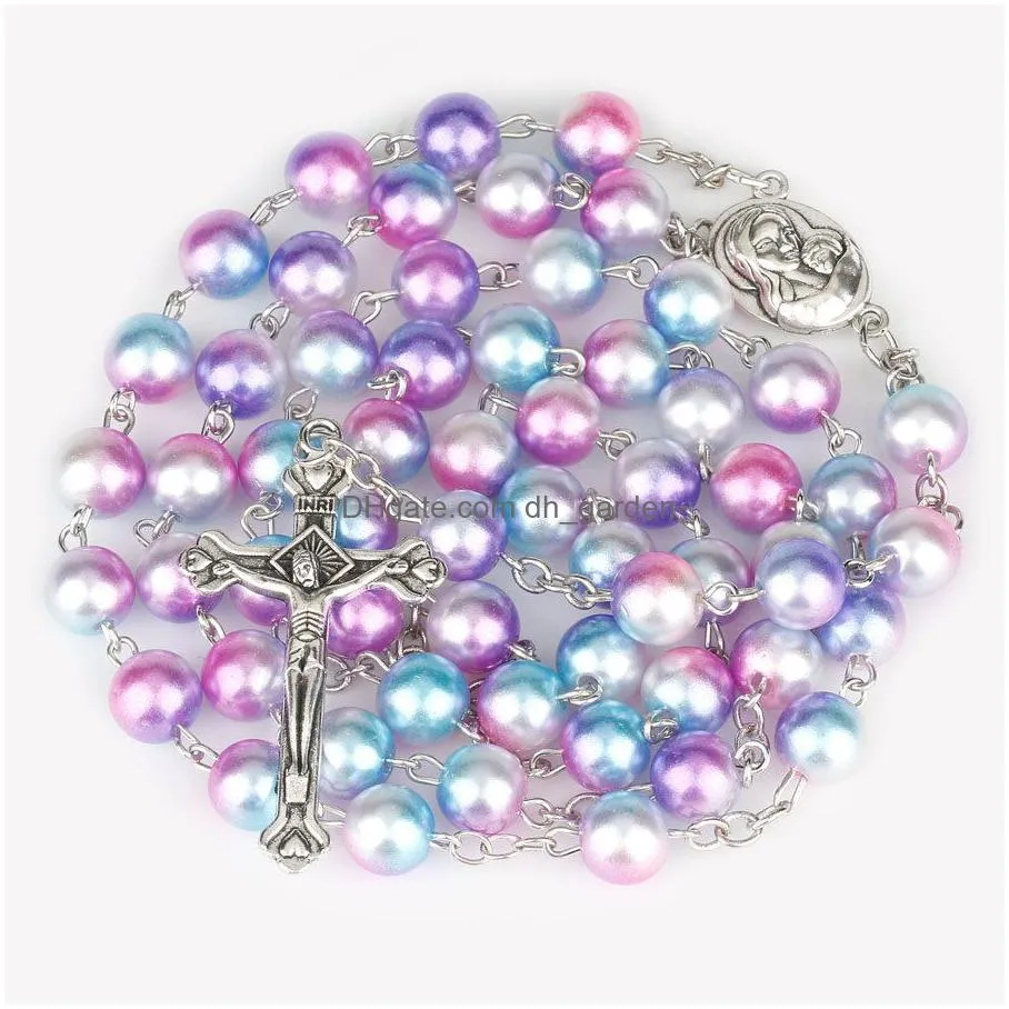 12 colors religion rosary necklace for women christian virgin mary jesus cross pendant long beads chains fashion jewelry gift