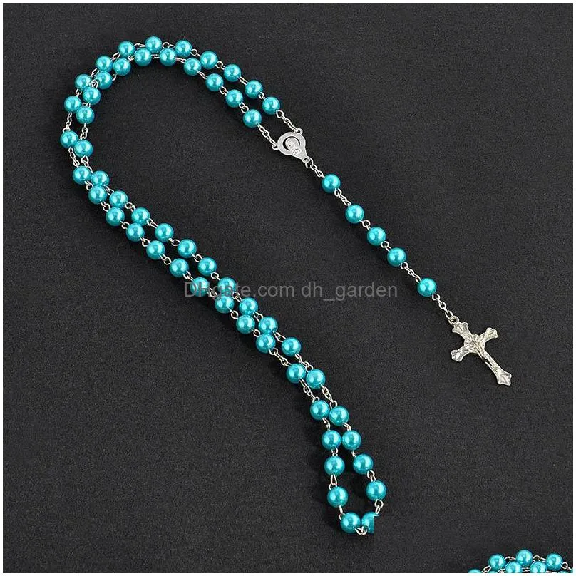 luxury faux pearl long necklaces multicolor fake pearl beads chain christian cross pendant necklace for women ladies fashion jewelry