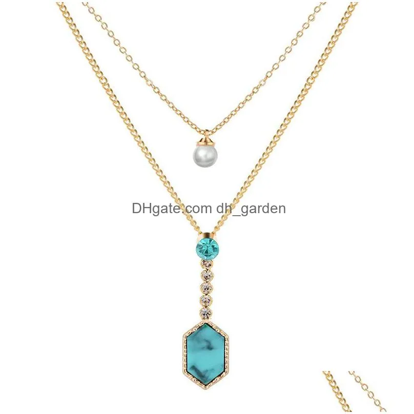  shiny druzy stone layered necklaces geometric natural stone faux pearl pendant gold multilayer chains choker for women fashion