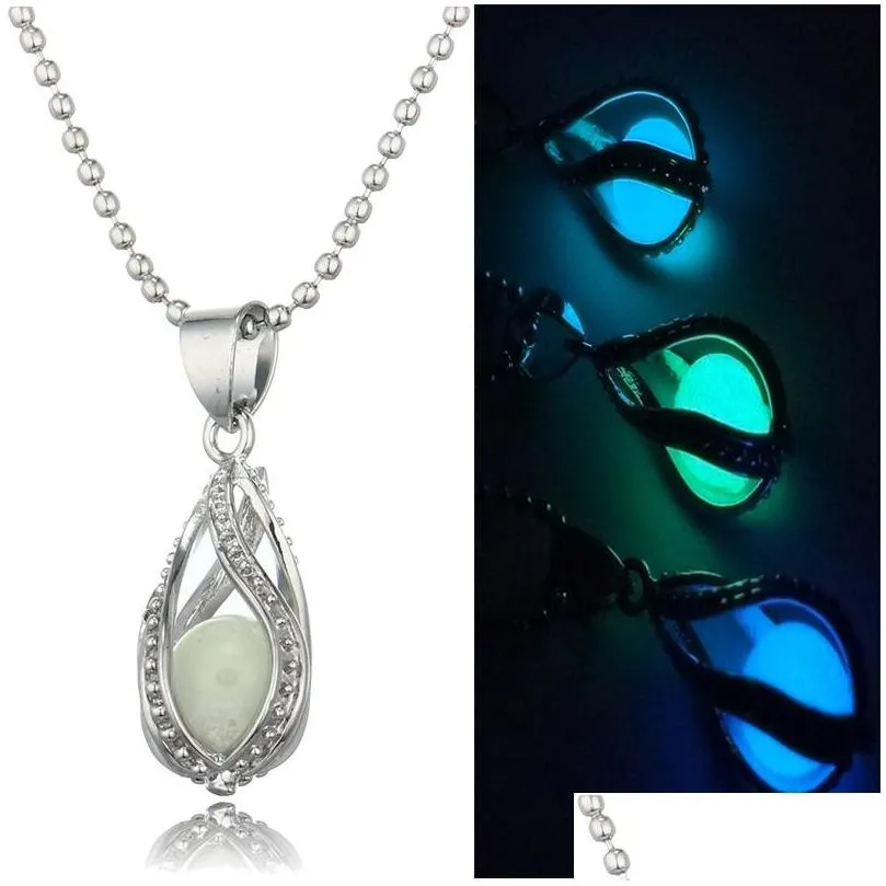  glow in the dark pearl cage pendant necklaces open hollow luminous water drop charm locket bead chain for women s fashion jewelry