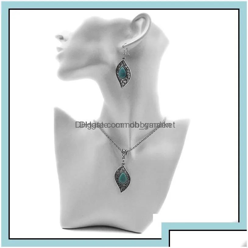 earrings necklace jewelry sets fashion turquoise set antique sier leaves pendant necklacesaddearring 2pcs for women drop delivery 2021