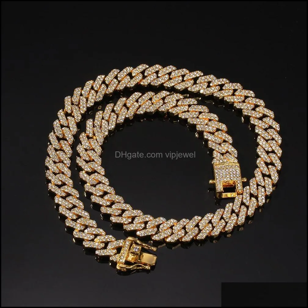12mm  cuban link chain necklace bracelets set for mens bling hip hop iced out diamond gold silver rapper chains women luxury