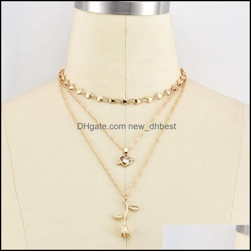  style gold multilayer rose necklaces pendants jewelry for women heart cupid zircon love charm necklace girlfriend gift party