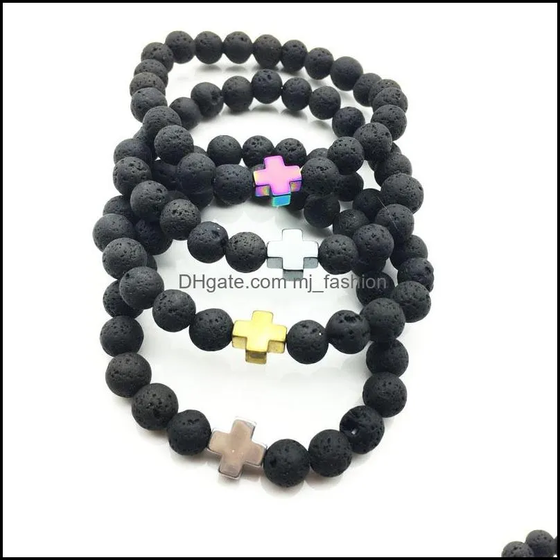 fashion natural black lava stone cross charm bracelet aromatherapy  oil diffuser bracelet for women men