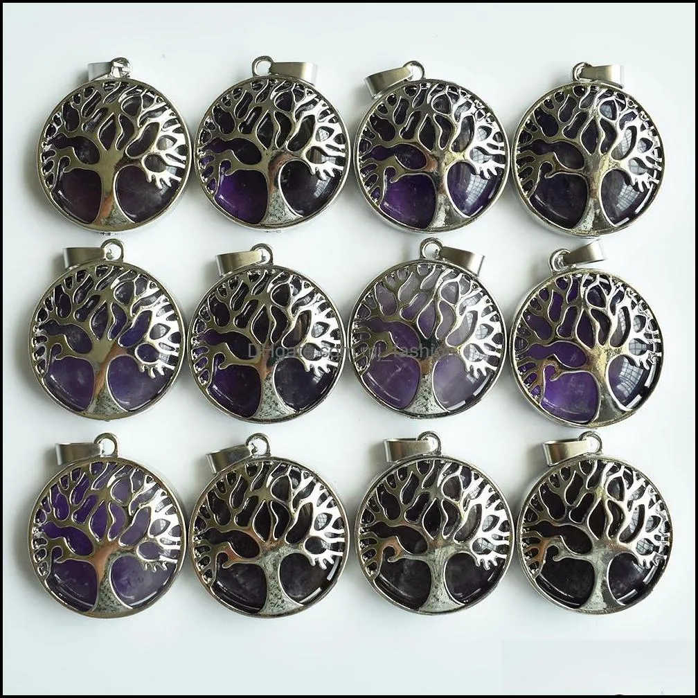 natural stone charms tree of life amethyst pendants chakras gem stone for jewelry accessories necklace marking