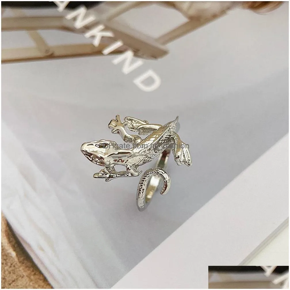 vintage fashion jewelry gecko ring metal geometric animal opening index finger ring