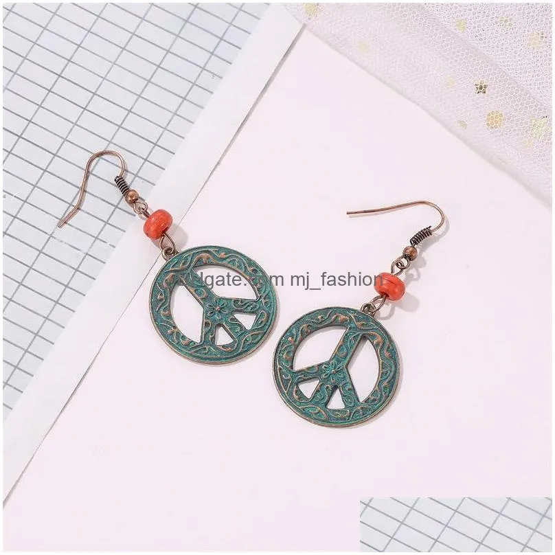 fashion jewelry ancient bronze pattern circular hollow out earring retro peace sign pendant dangle earrings