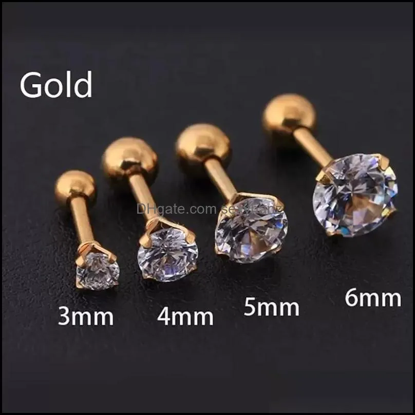 4 colors punk stud earrings medical stainless steel needle zircon crystal jewelry gift for men women