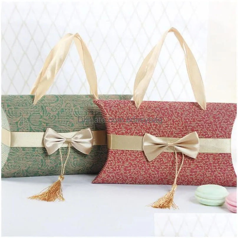 gift wrap pillow shape candy box with bowknot tassel wedding candy favor box with bowknot handle diy elegance wedding pillow shape gift package