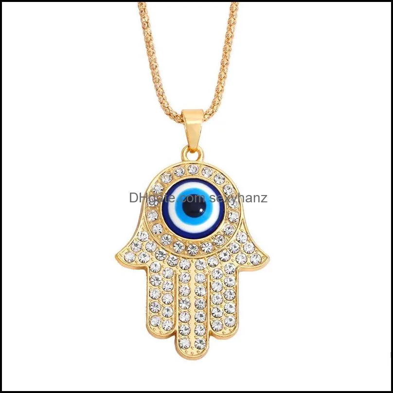 2021 fatima hand pendant necklace for women turkey evil blue eyes crystal sweater chain alloy gold plated necklaces jewelry