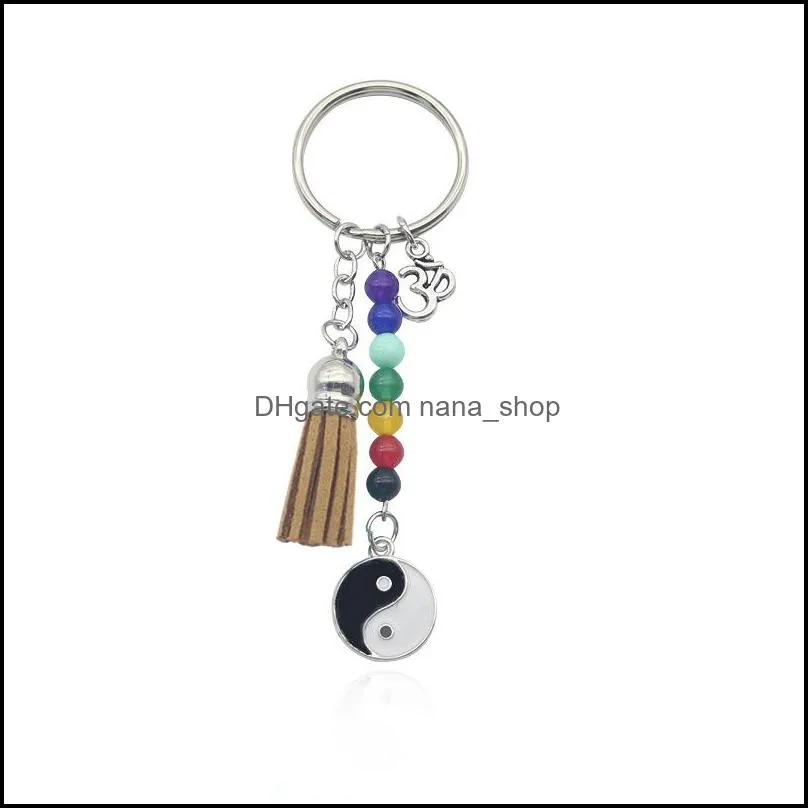 wholesale handmade colorful seven chakras yoga keychain personality tai ji pendant tassel keyfob metal fitness key rings