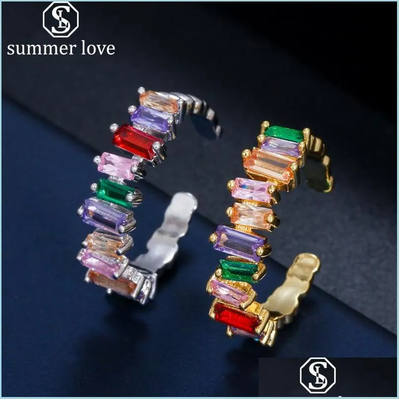 baguette cz rainbow open cuff rings exquisite colorful irregular cubic zircon finger rings engagement wedding ring party jewelry gifts