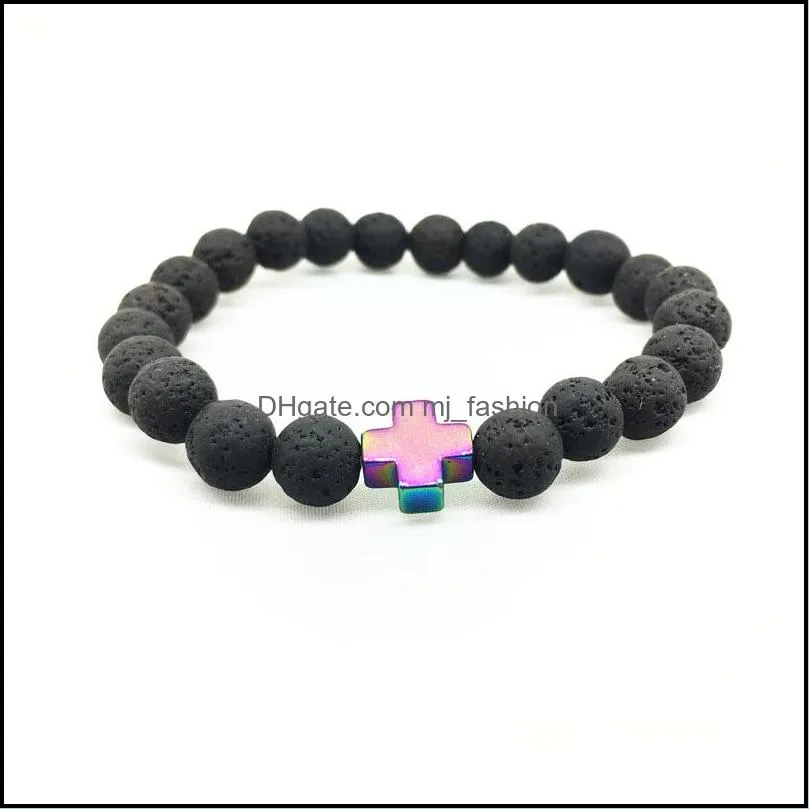 fashion natural black lava stone cross charm bracelet aromatherapy  oil diffuser bracelet for women men