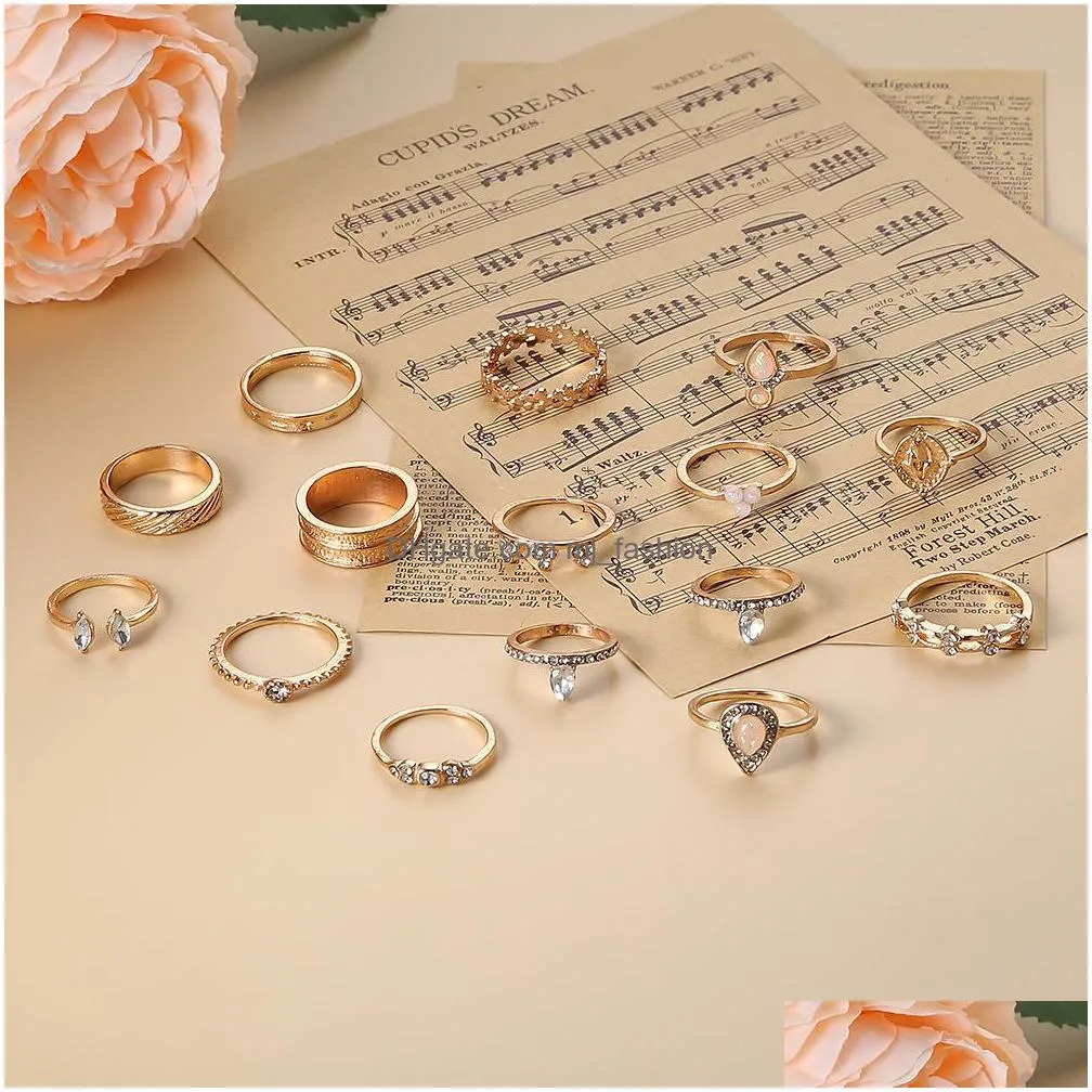 fashion jewelry knuckle ring set rhinestone crown flower stacking rings midi rings 15pcs/set