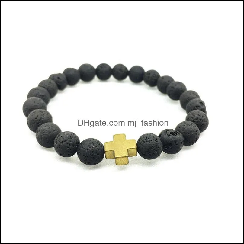 fashion natural black lava stone cross charm bracelet aromatherapy  oil diffuser bracelet for women men