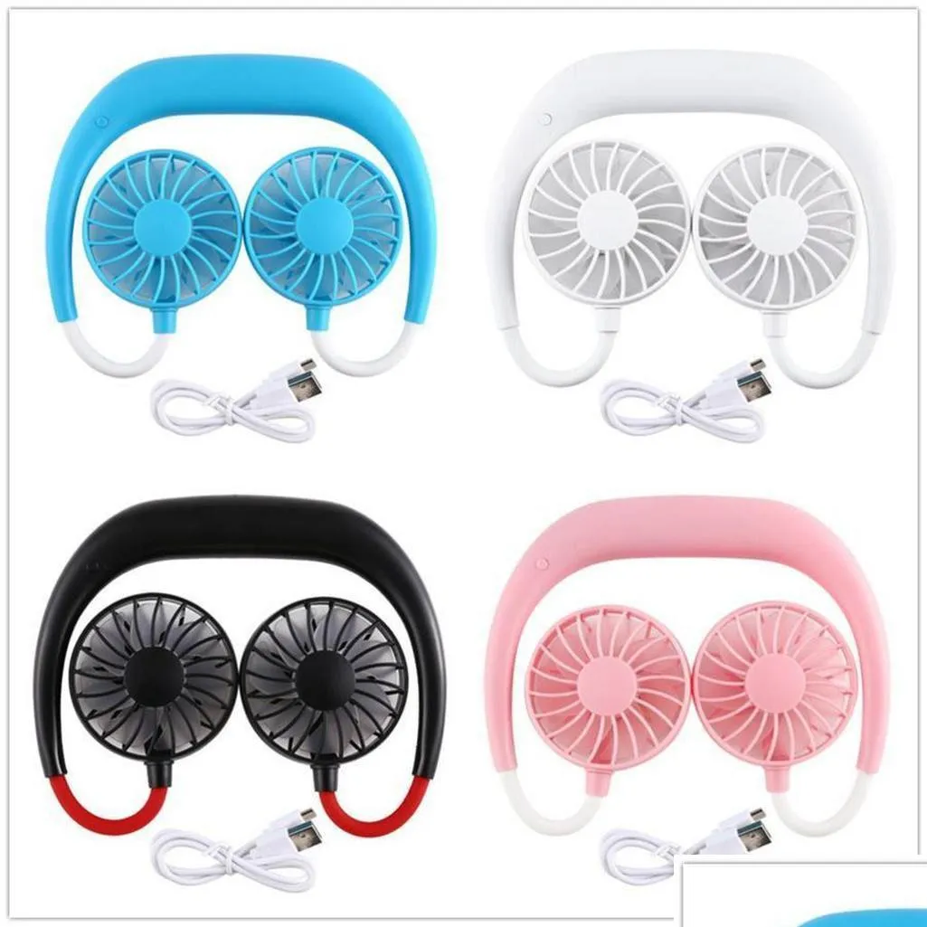 party favor portable usb rechargeable fan hands lazy neck hanging dual cooling mini fan sport 360 degree rotating hanging fan 591