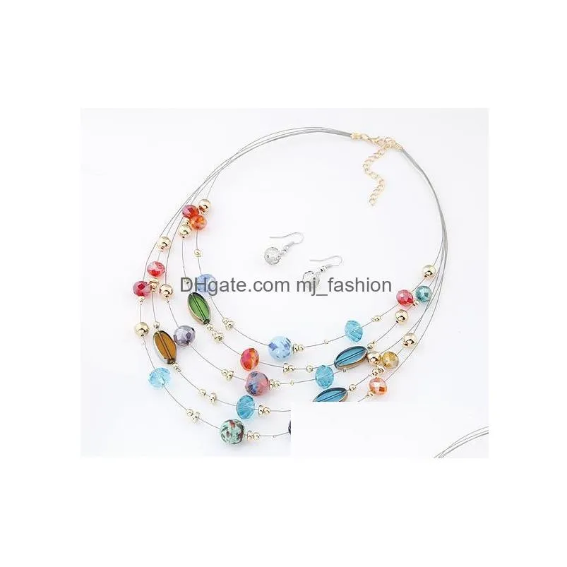 bohemia fashion jewelry set womens colorful crystal tophus shell beads layers necklace with dangle earrings ladys set