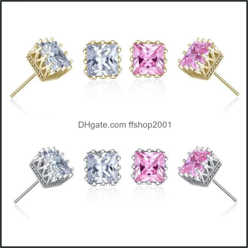 wholesale gold plated square zircon crown stud earrings fashion party jewelry engagement gift for women mixed colors 1226 b3