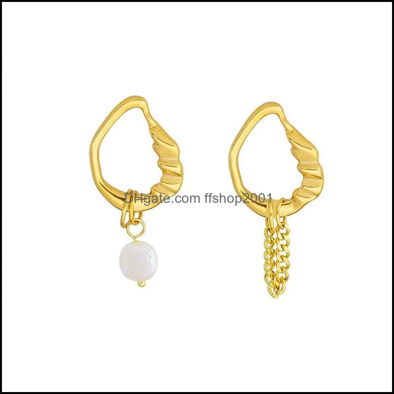 special shape pearl charm earrings asymmetrical ear stud titanium steel jewelries with chains pearls 1897 t2