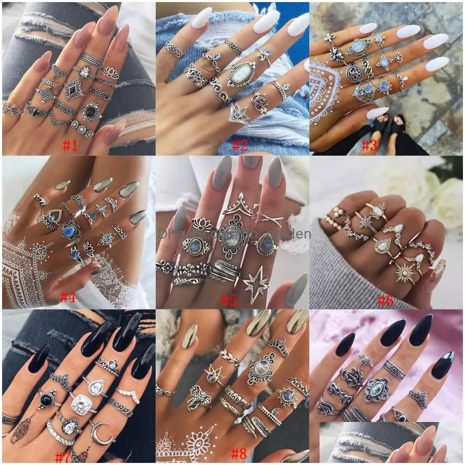 fashion carve antique silver midi rings set for women turtle crown heart lotus knuckle finger rings female bohemian jewelry gift