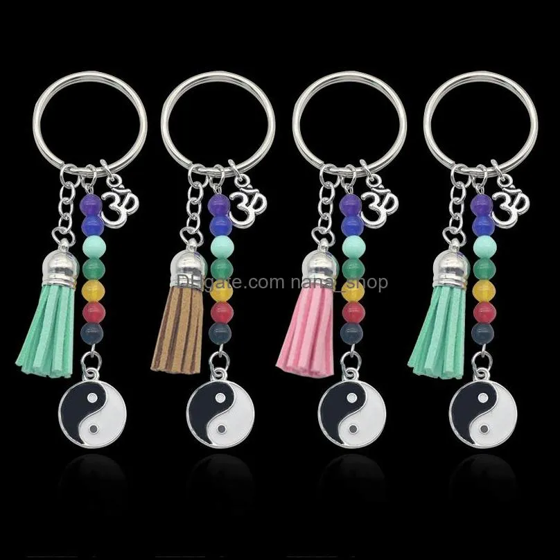 wholesale handmade colorful seven chakras yoga keychain personality tai ji pendant tassel keyfob metal fitness key rings