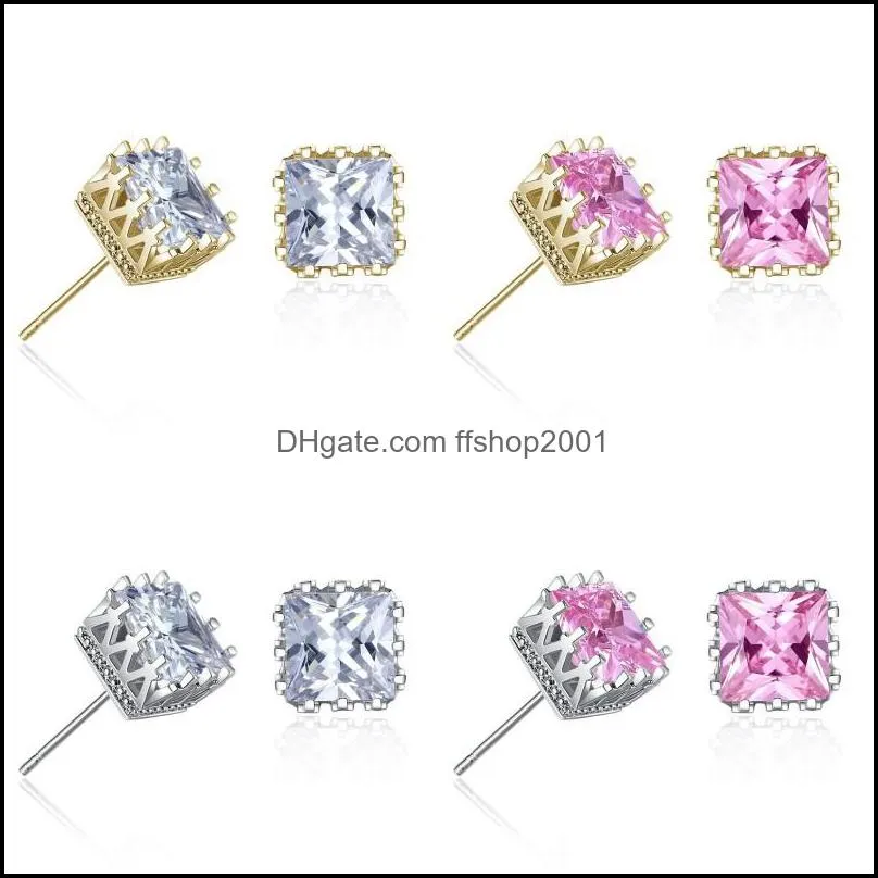 wholesale gold plated square zircon crown stud earrings fashion party jewelry engagement gift for women mixed colors 1226 b3