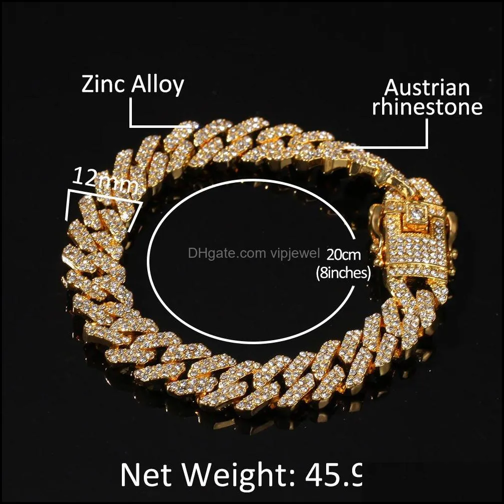 12mm mens iced out necklace bracelet bangle set for women s thick heavy bling  cuban link chain hip hop rapper luxury jewelry