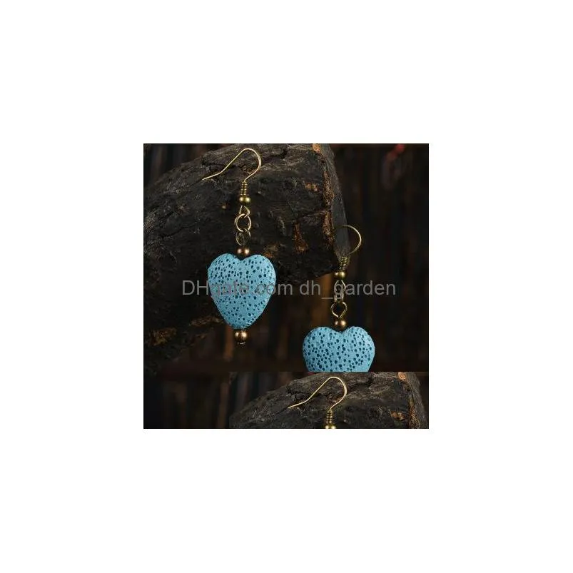 8 colors lava rock heart shape dangle earrings  oil diffuser natural stone drop ear rings for women fashion aromatherapy