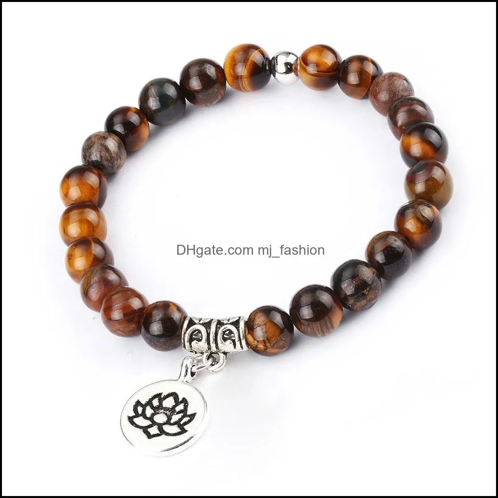 handmade 8mm nature stone beads lotus charm bracelet for women men delicate tiger eye stone quartz bracelet jewelry gift