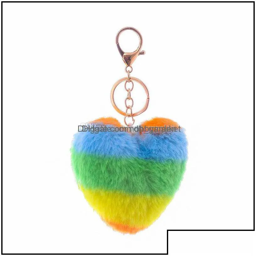 key rings jewelry faux soft rabbit pom heart keychain alloy mticolor fluffy fur ball keychains for women cellphone bag purse charm pendant