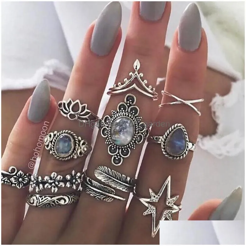 fashion carve antique silver midi rings set for women turtle crown heart lotus knuckle finger rings female bohemian jewelry gift