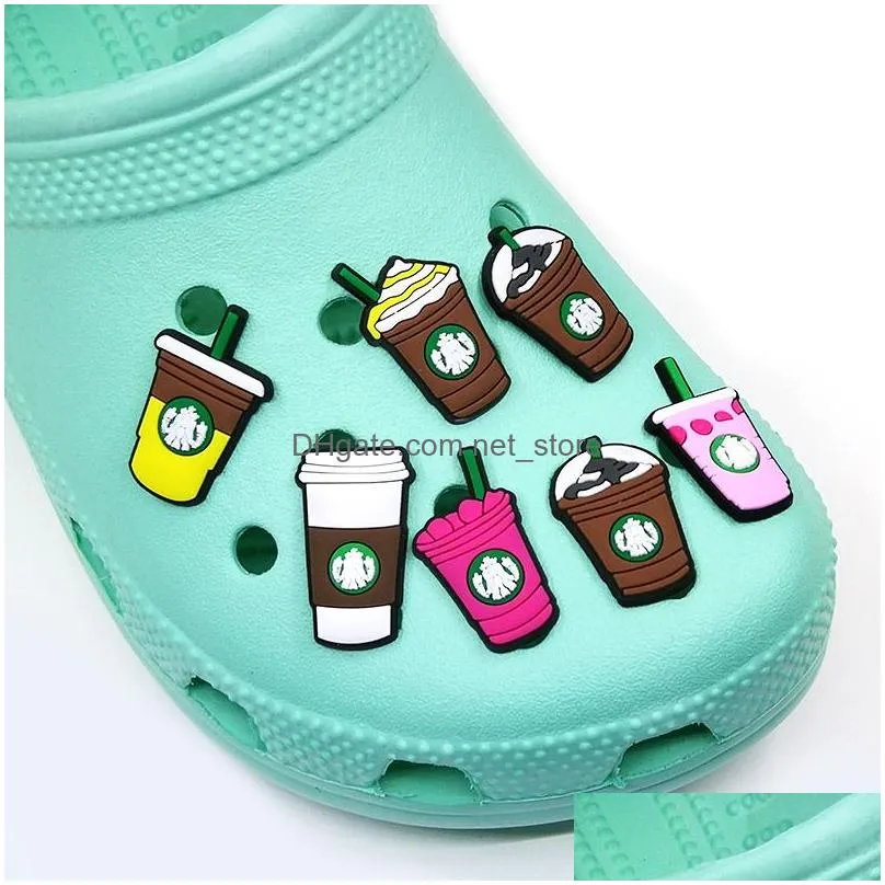 moq 100pcs tea with milk coffee cup cute cartoon pattern croc charms 2d soft rubber lovely shoe accessories shoes buckles charm decorations fit garden