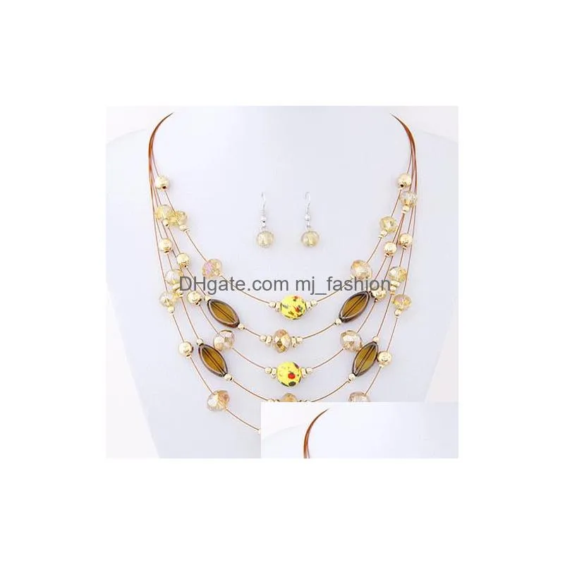 bohemia fashion jewelry set womens colorful crystal tophus shell beads layers necklace with dangle earrings ladys set