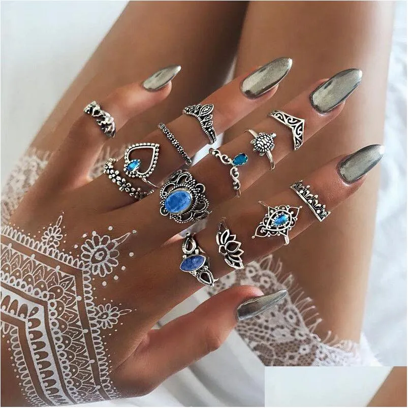 fashion carve antique silver midi rings set for women turtle crown heart lotus knuckle finger rings female bohemian jewelry gift