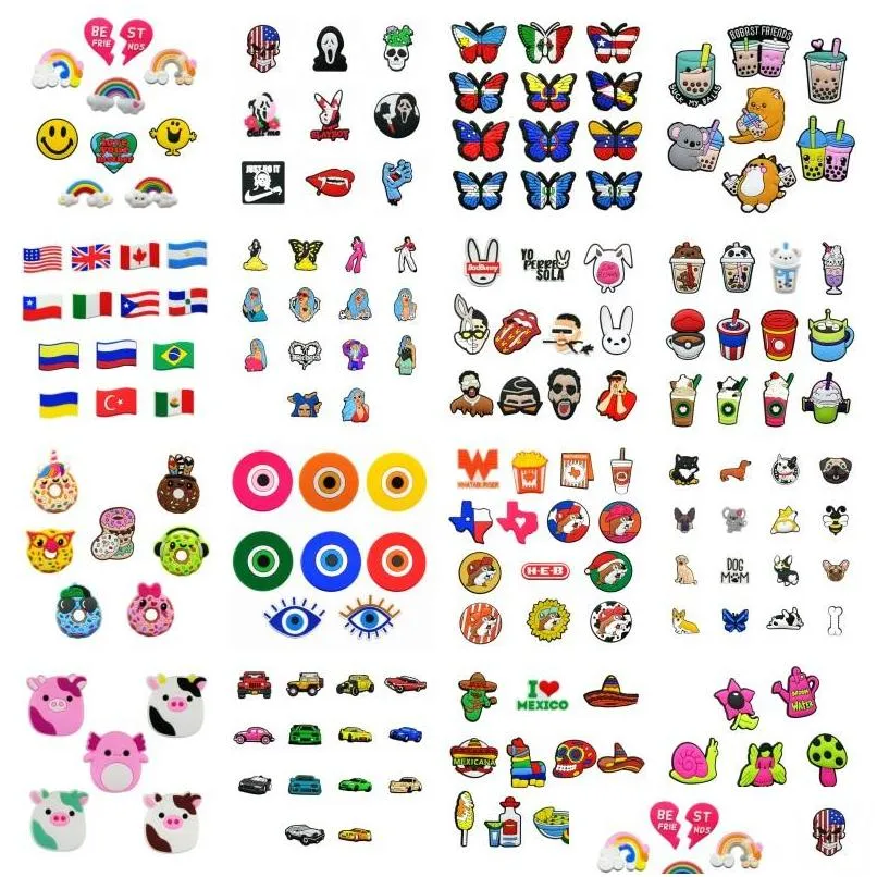 moq 50pcs texas mexican street style cartoon pattern croc charms 2d soft pvc shoe accessories decorations shoe charm buckles for men women sandals