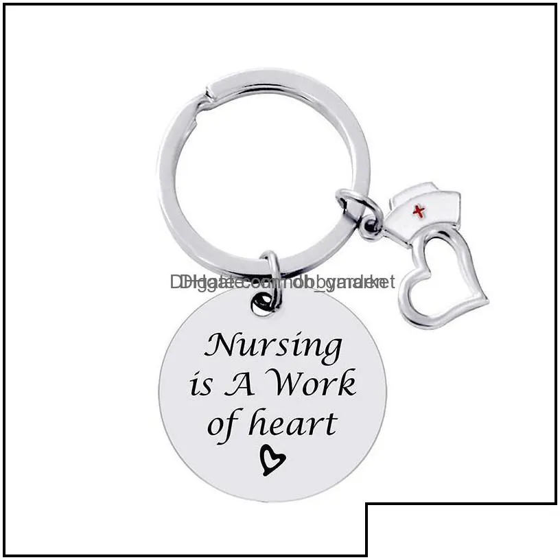 key rings jewelry stainless steel lettering nurse cap heart round nursing is a work of hearts sier car keychains christmas friend drop