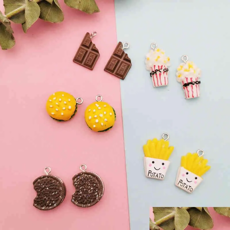 10pcs diy resin popcorn chocolate hamburger charms kawaii 3d simulated food pendants craft decoration jewelry earring accessory