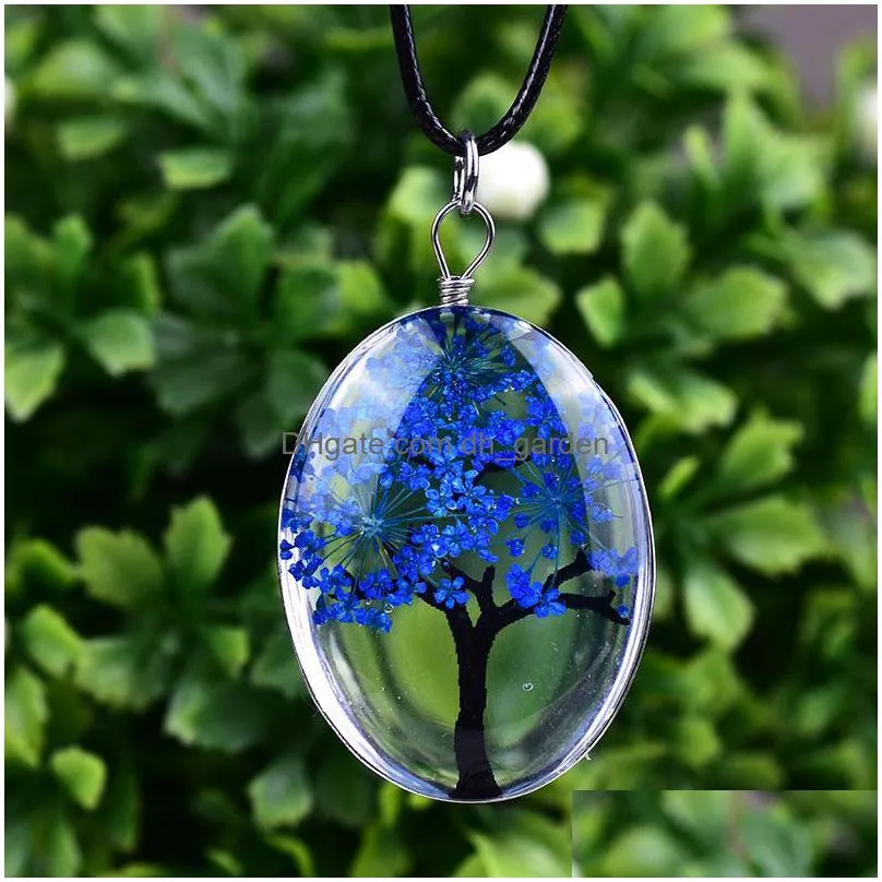  oval tree of life glass necklaces for women dried flowers specimen pendant leather chain fashion jewelry gift