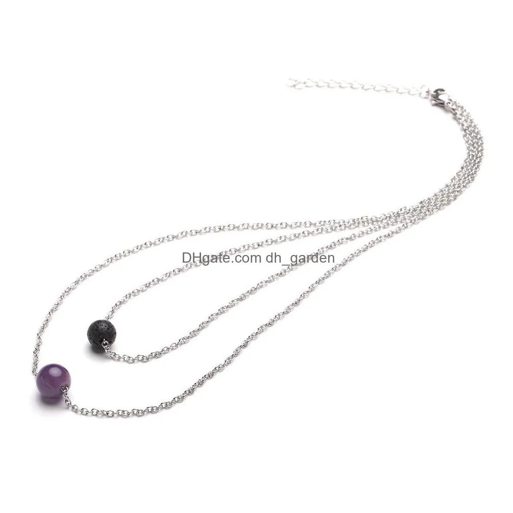  8mm lava rock and 10mm 7 color chakra stone pendant multilayered necklaces silver stainless steel chain for women fashion jewelry