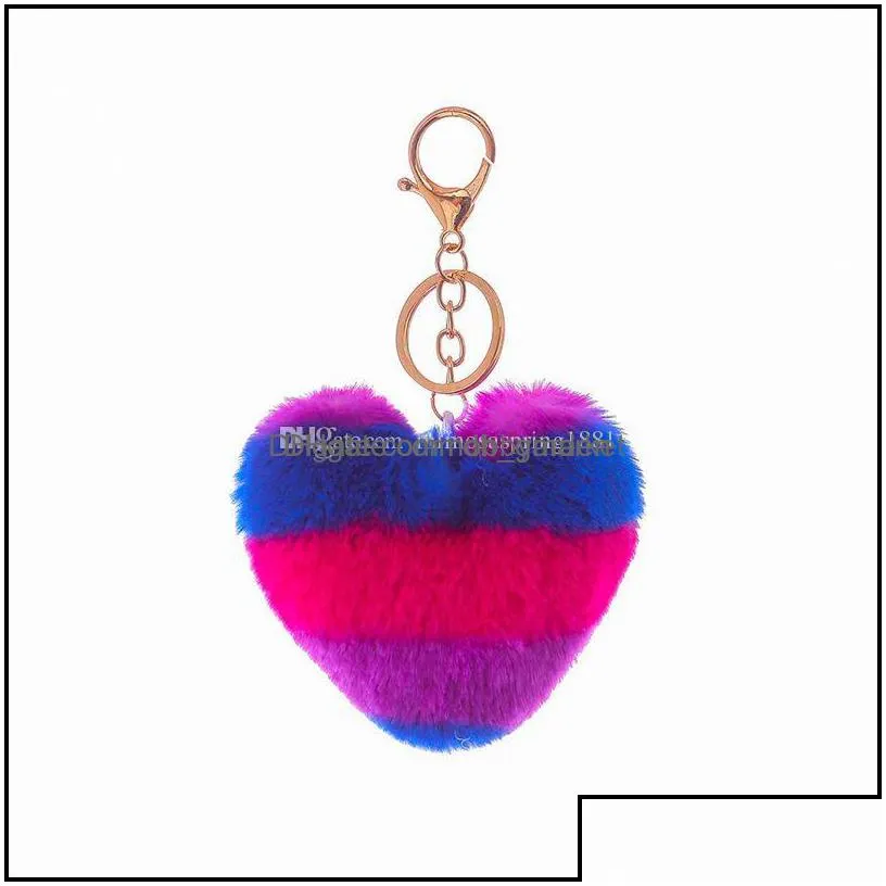 key rings jewelry faux soft rabbit pom heart keychain alloy mticolor fluffy fur ball keychains for women cellphone bag purse charm pendant