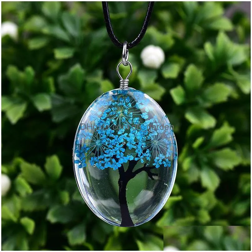  oval tree of life glass necklaces for women dried flowers specimen pendant leather chain fashion jewelry gift