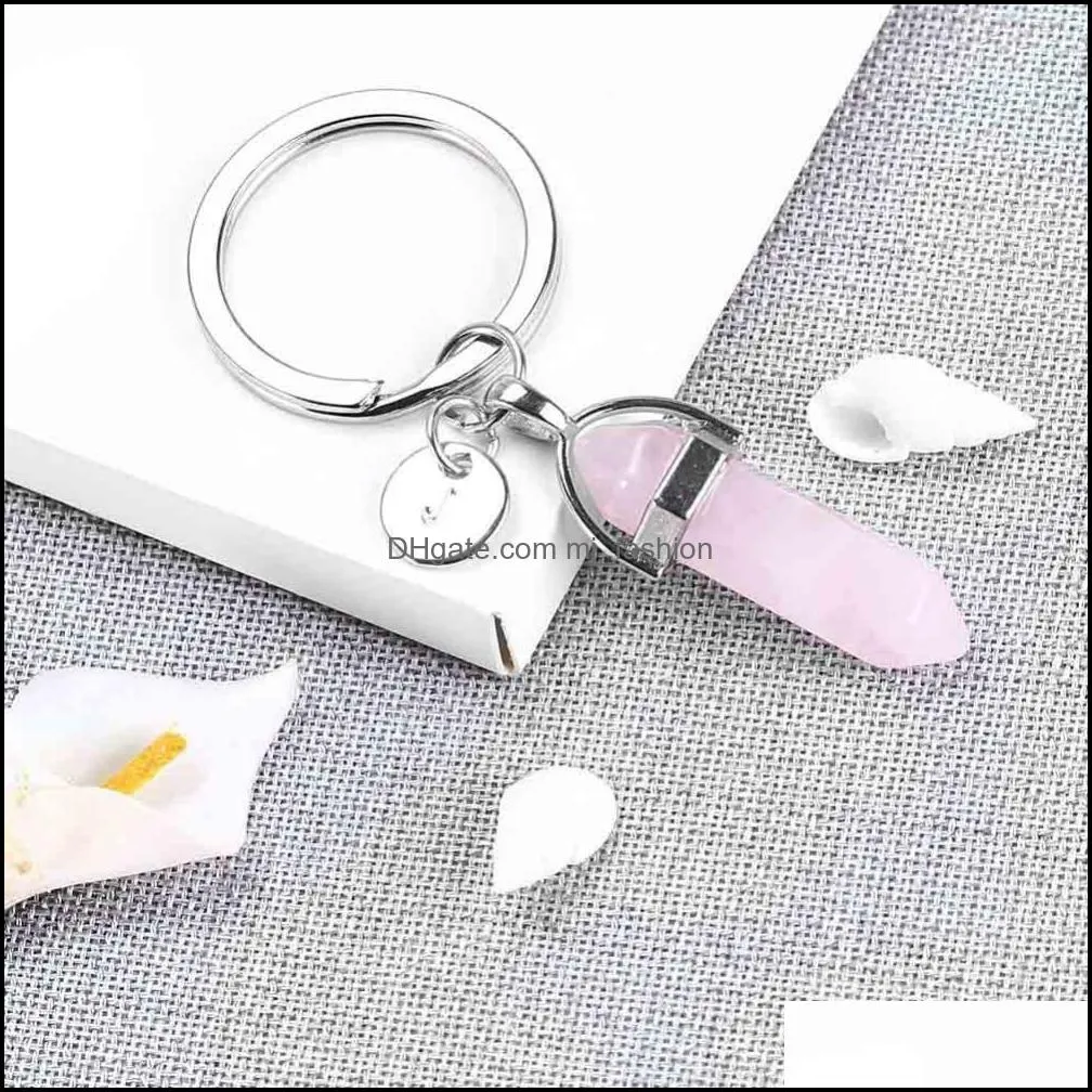 26 letters multicolor natural stone hexagon prism key ring summer fashion crystal quartz silver color keychain for women men round key